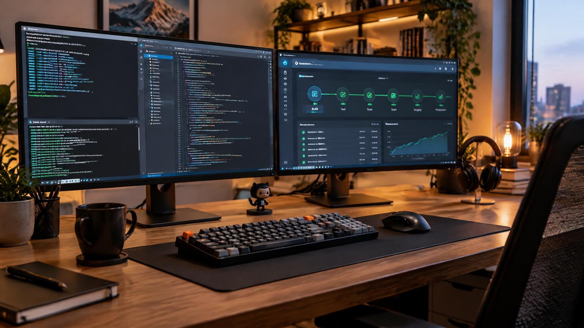Developer working on a laptop with terminal code and monitoring dashboards