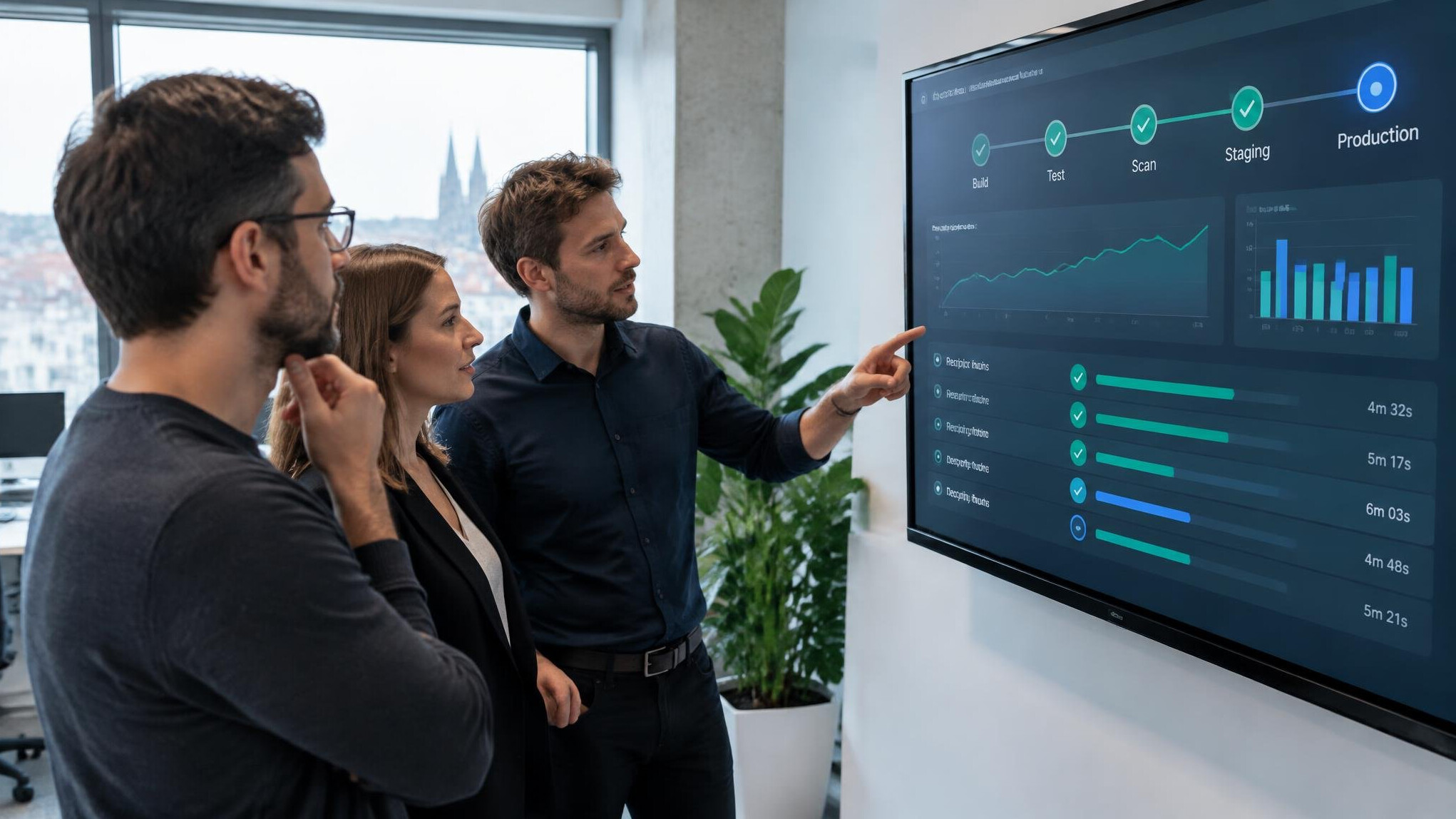 Team reviewing a CI/CD pipeline dashboard on a large screen